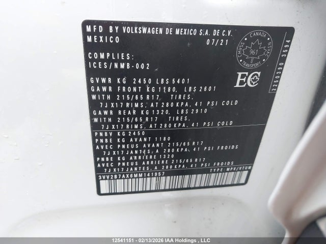 3VV2B7AX6MM141957 Volkswagen Tiguan Comfortline/united