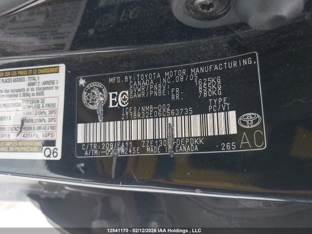 Aukcja sprzedaży 2006 Toyota Corolla Ce/le/s, vin: 2T1BR32E06C563735, numer aukcji: 12541170