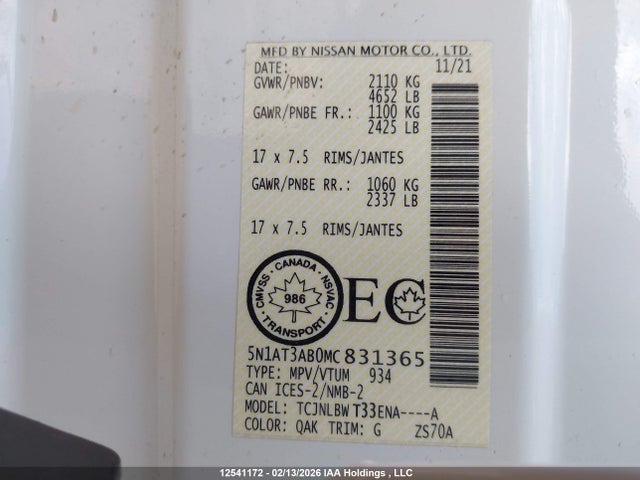 Продаж на аукціоні авто 2021 Nissan Rogue S, vin: 5N1AT3AB0MC831365, номер лоту: 12541172