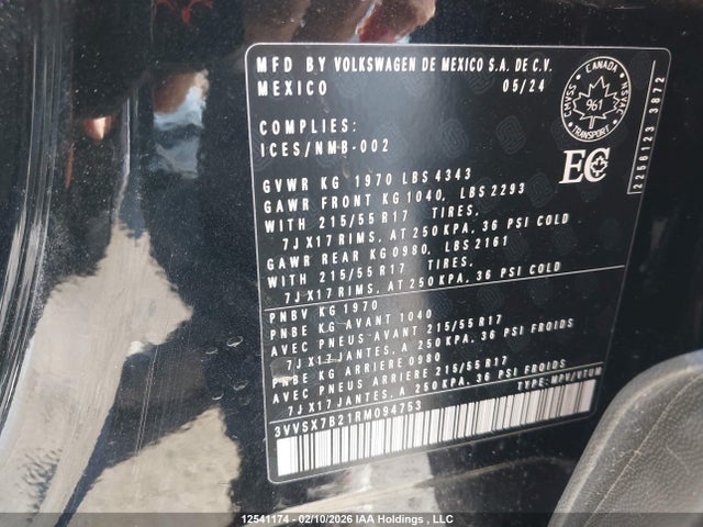 12541174 :رقم المزاد ، 3VVSX7B21RM094753 vin ، 2024 Volkswagen Taos Se مزاد بيع