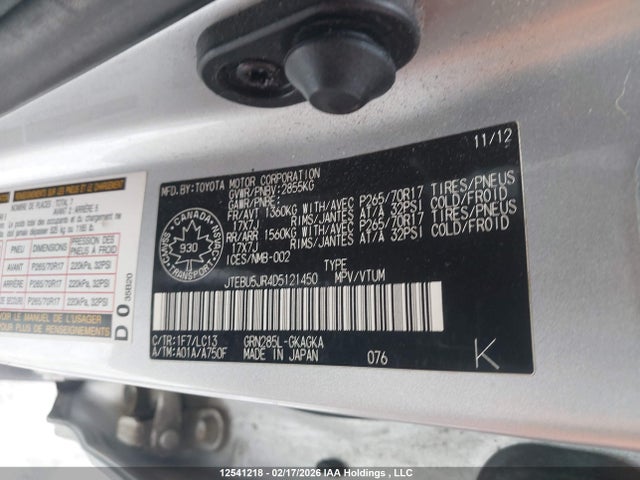 12541218 :رقم المزاد ، JTEBU5JR4D5121450 vin ، 2013 Toyota 4runner Sr5 V6 مزاد بيع