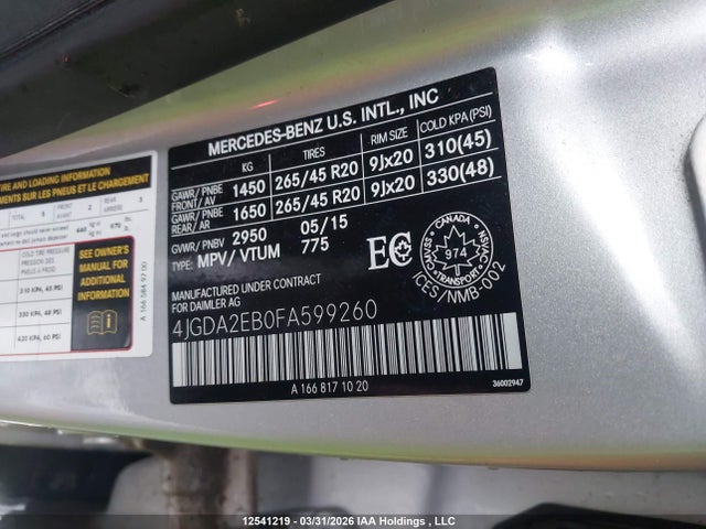 12541219 :رقم المزاد ، 4JGDA2EB0FA599260 vin ، 2015 Mercedes-benz Ml 350 Bluetec 4matic مزاد بيع
