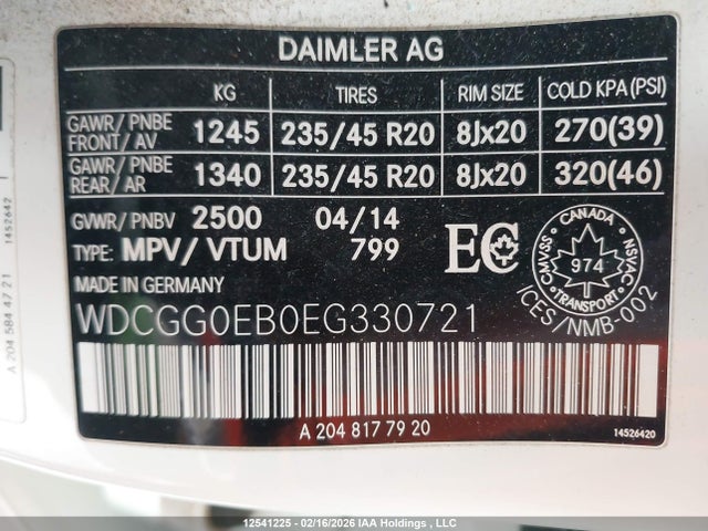 WDCGG0EB0EG330721 Mercedes-Benz Glk 250 Bluetec