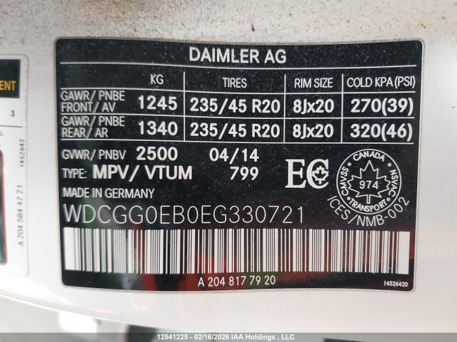 WDCGG0EB0EG330721 Mercedes-Benz Glk 250 Bluetec