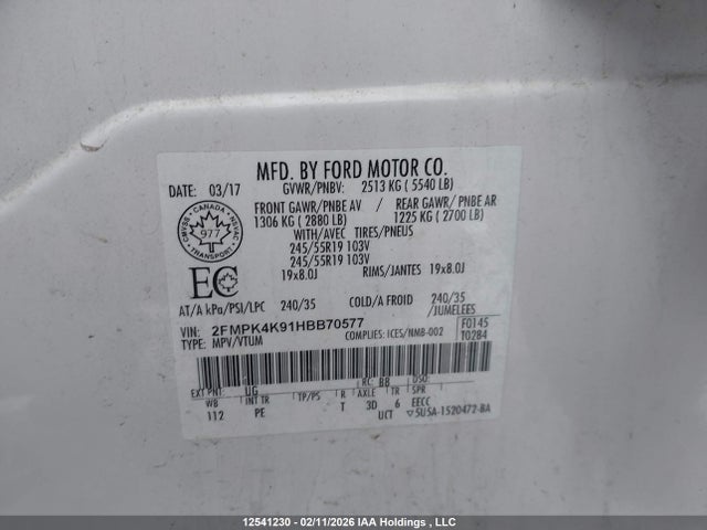 Aukcja sprzedaży 2017 Ford Edge Titanium, vin: 2FMPK4K91HBB70577, numer aukcji: 12541230