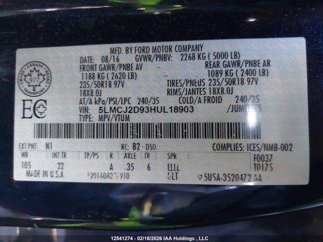5LMCJ2D93HUL18903 Lincoln MKC SELECT