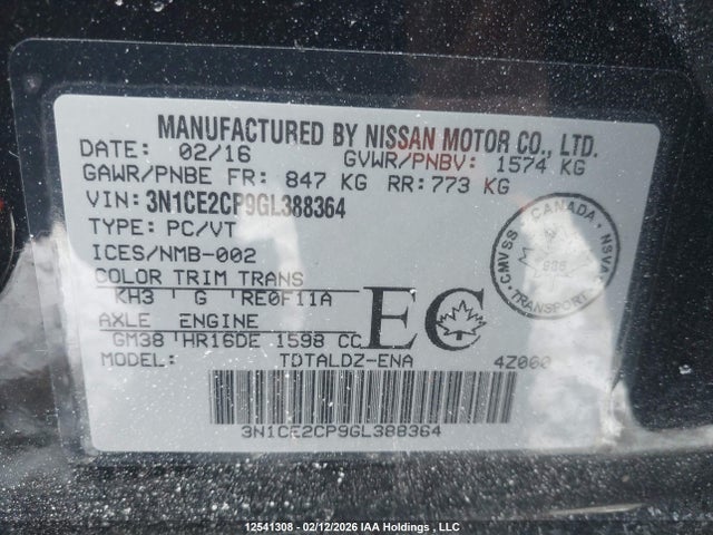 Aukcja sprzedaży 2016 Nissan Versa Note S/s Plus/sv/sl/sr, vin: 3N1CE2CP9GL388364, numer aukcji: 12541308