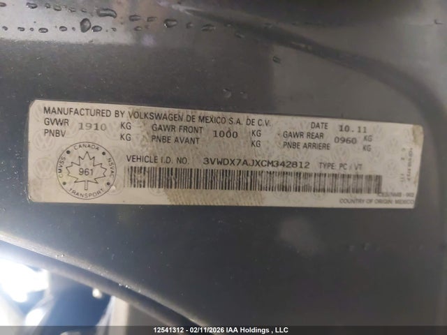 12541312 :رقم المزاد ، 3VWDX7AJXCM342812 vin ، 2012 Volkswagen Jetta Se مزاد بيع