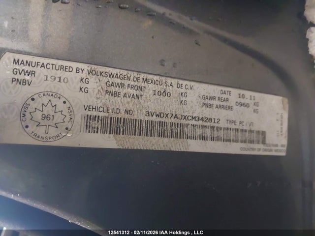 12541312 :رقم المزاد ، 3VWDX7AJXCM342812 vin ، 2012 Volkswagen Jetta Se مزاد بيع
