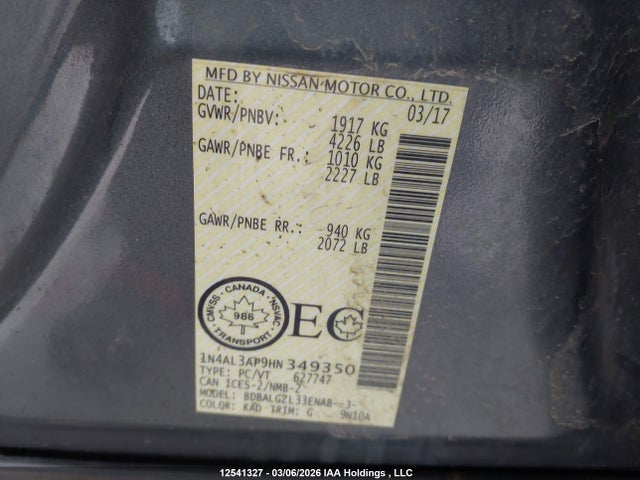 1N4AL3AP9HN349350 Nissan Altima 2.5/s/sv/sl/sr