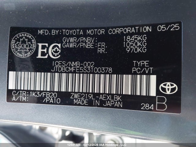 JTDBCMFE5S3100378 Toyota Corolla Hybrid