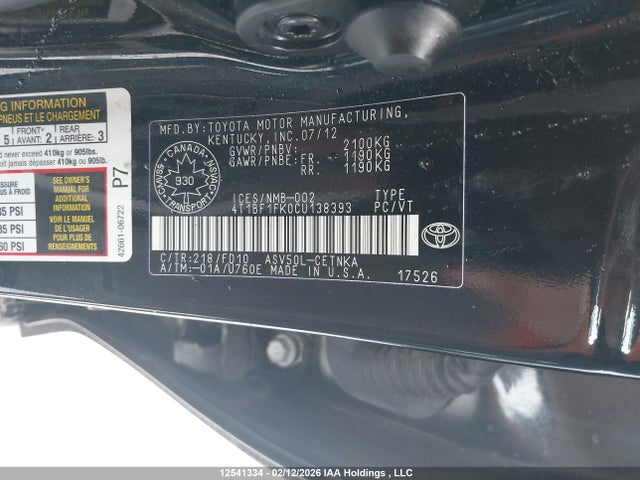 Aukcja sprzedaży 2012 Toyota Camry Se/le/xle, vin: 4T1BF1FK0CU138393, numer aukcji: 12541334