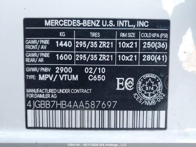 Aukcja sprzedaży 2010 Mercedes-benz Ml 63 Amg 4matic, vin: 4JGBB7HB4AA587697, numer aukcji: 12541341