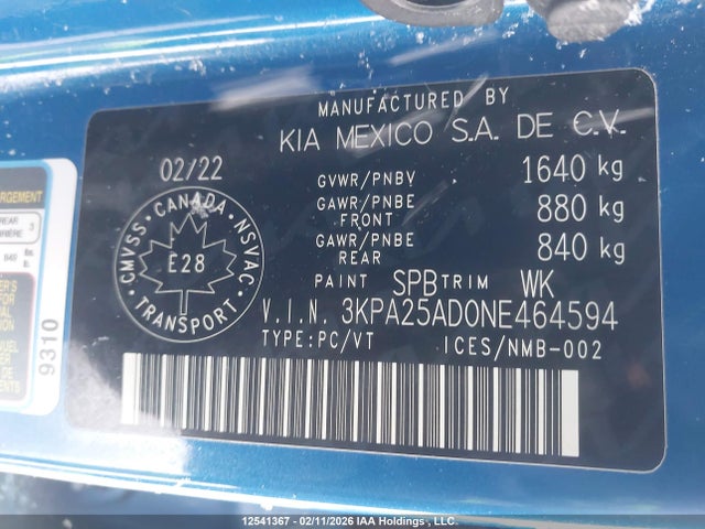 3KPA25AD0NE464594 KIA Rio