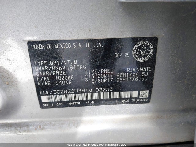 3CZRZ2H36TM103233 Honda HR-V LX