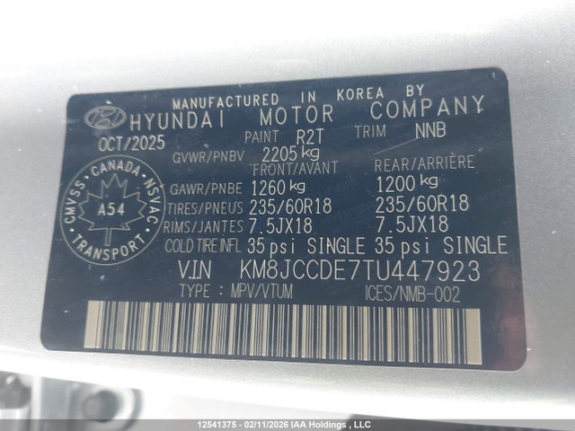 Aukcja sprzedaży 2026 Hyundai Tucson Preferred Awd With Trend Package, vin: KM8JCCDE7TU447923, numer aukcji: 12541375