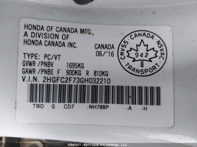 12541377 :رقم المزاد ، 2HGFC2F73GH032210 vin ، 2016 Honda Civic Ex مزاد بيع