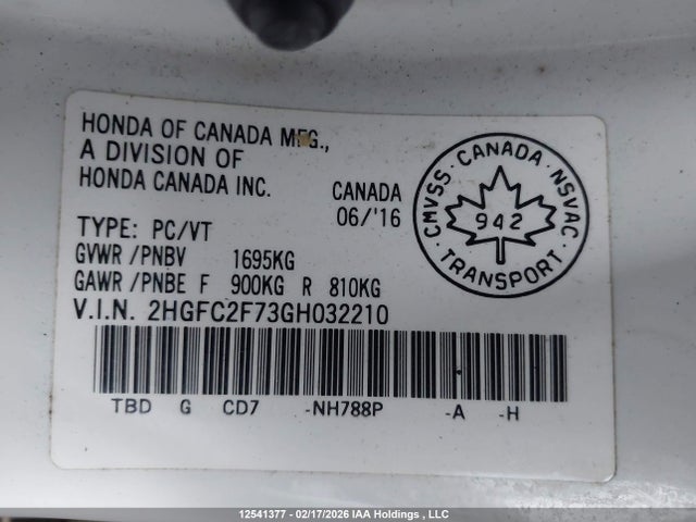 12541377 :رقم المزاد ، 2HGFC2F73GH032210 vin ، 2016 Honda Civic Ex مزاد بيع