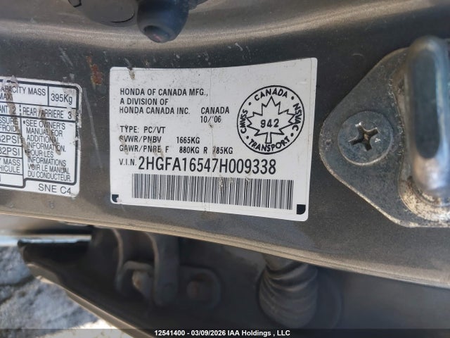 12541400 :رقم المزاد ، 2HGFA16547H009338 vin ، 2007 Honda Civic Lx مزاد بيع