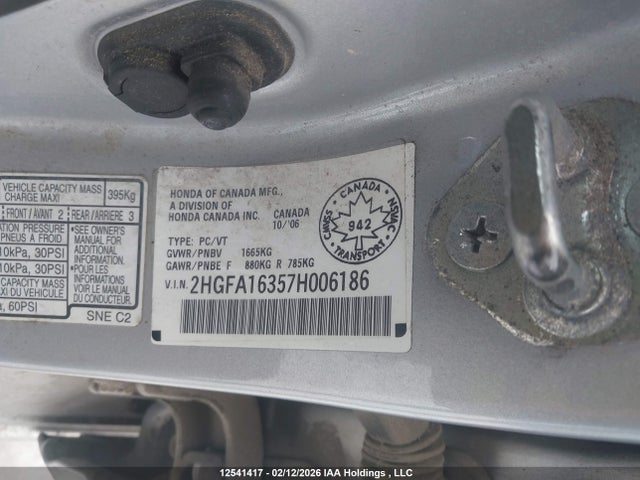 Aukcja sprzedaży 2007 Honda Civic Dx, vin: 2HGFA16357H006186, numer aukcji: 12541417