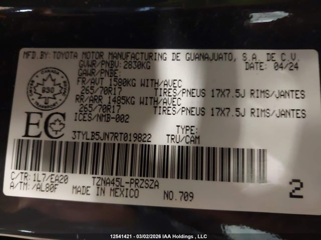 12541421 :رقم المزاد ، 3TYLB5JN7RT019822 vin ، 2024 Toyota Tacoma Trd Off Road مزاد بيع