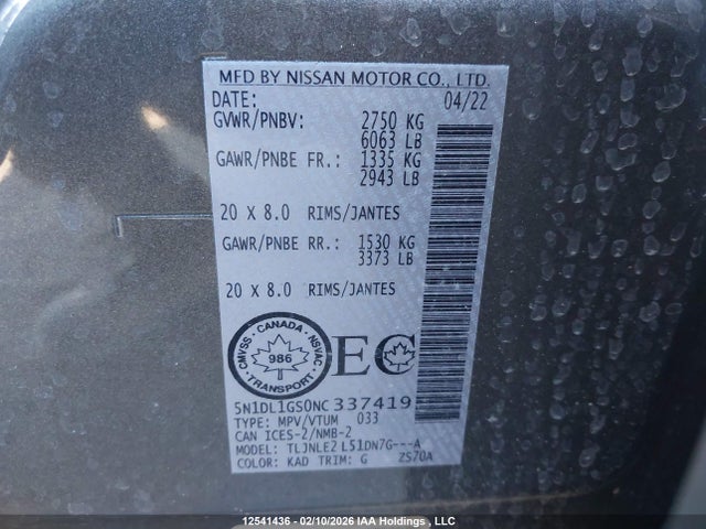 5N1DL1GS0NC337419 Infiniti Qx60 Sensory