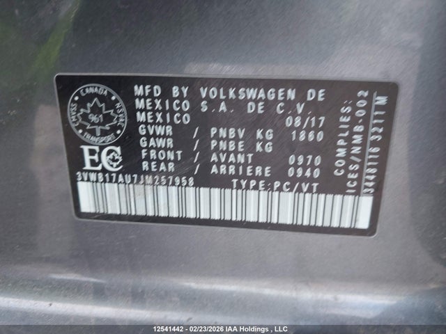 3VWB17AU7JM257958 Volkswagen GOLF S/SE