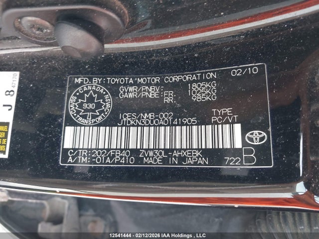 12541444 :رقم المزاد ، JTDKN3DU0A0141905 vin ، 2010 Toyota Prius مزاد بيع