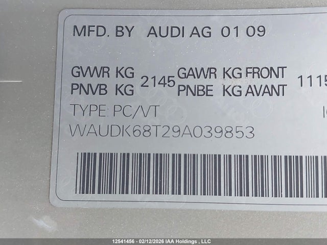 12541456 :رقم المزاد ، WAUDK68T29A039853 vin ، 2009 Audi A5 Quattro مزاد بيع