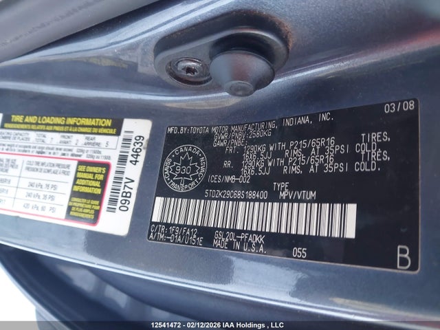 Продажа на аукционе авто 2008 Toyota Sienna Ce, vin: 5TDZK29C68S188400, номер лота: 12541472