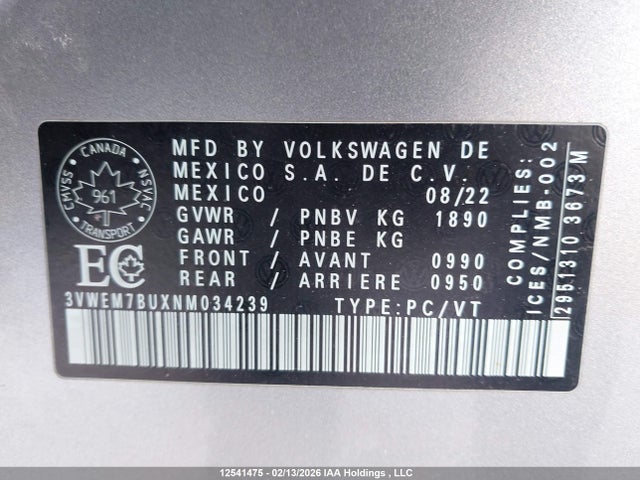 3VWEM7BUXNM034239 Volkswagen JETTA SE