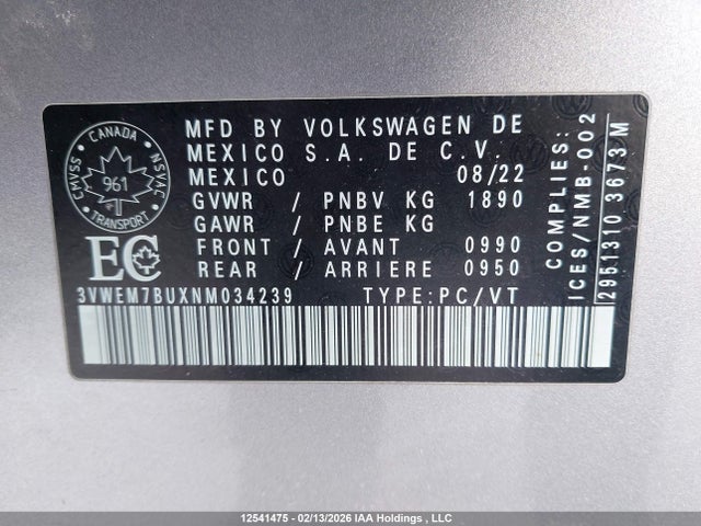 3VWEM7BUXNM034239 Volkswagen JETTA SE