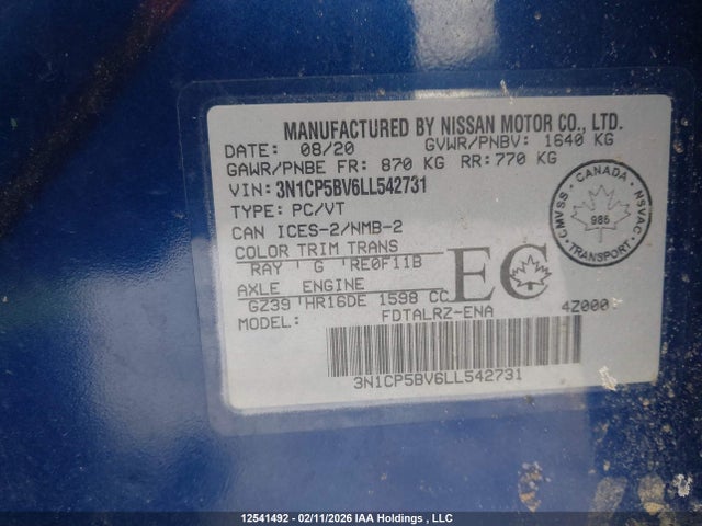 3N1CP5BV6LL542731 Nissan KICKS S