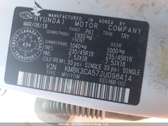 KM8K3CA57JU098414 Hyundai Kona 1.6t Trend