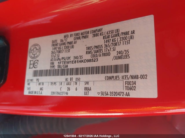 Продаж на аукціоні авто 2017 Ford F-150, vin: 1FTEW1E81HKD98523, номер лоту: 12541504