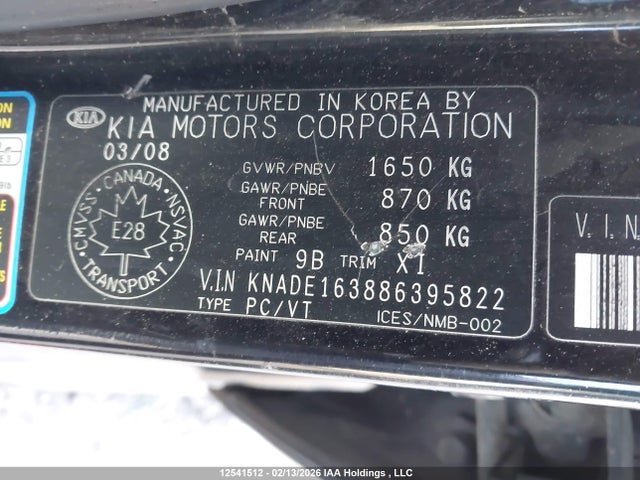 Aukcja sprzedaży 2008 Kia Rio5 Ex/ex-convenience/ex-sport, vin: KNADE163886395822, numer aukcji: 12541512