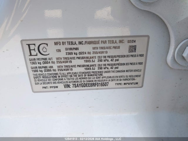 7SAYGDEE8RF016507 Tesla Model Y Long Range