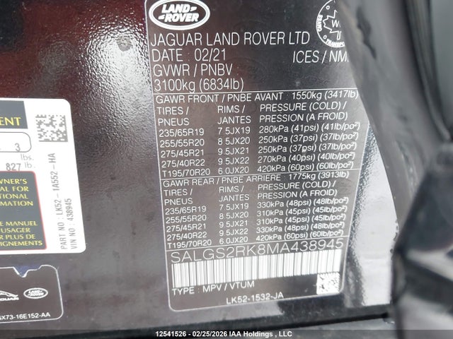 Продаж на аукціоні авто 2021 Land Rover Range Rover Hse, vin: SALGS2RK8MA438945, номер лоту: 12541526