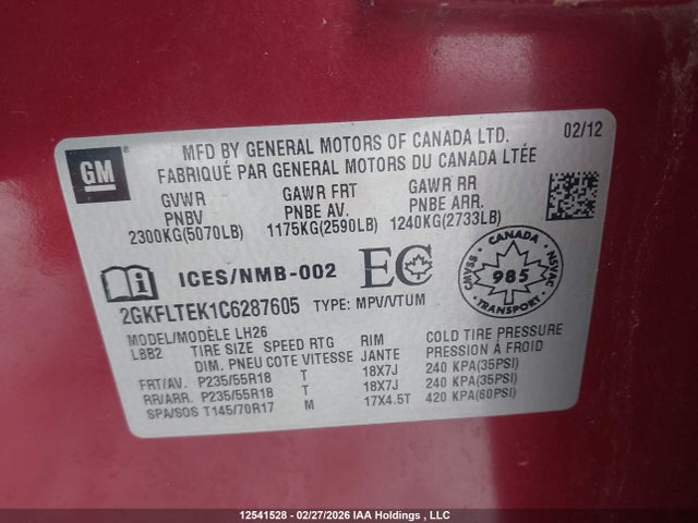 Aukcja sprzedaży 2012 Gmc Terrain Sle-2, vin: 2GKFLTEK1C6287605, numer aukcji: 12541528