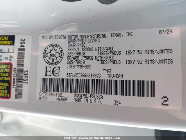 12541529 :رقم المزاد ، 5TFLA5DB6RX219973 vin ، 2024 Toyota Tundra Crewmax Sr/crewmax Sr5 مزاد بيع