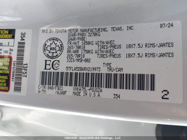 12541529 :رقم المزاد ، 5TFLA5DB6RX219973 vin ، 2024 Toyota Tundra Crewmax Sr/crewmax Sr5 مزاد بيع