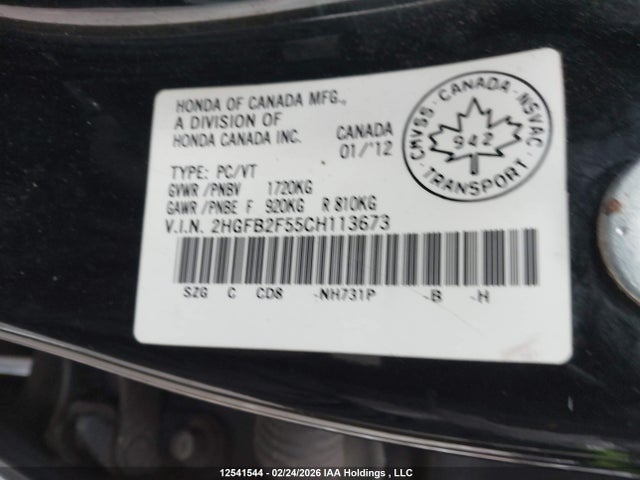 Aukcja sprzedaży 2012 Honda Civic Lx, vin: 2HGFB2F55CH113673, numer aukcji: 12541544