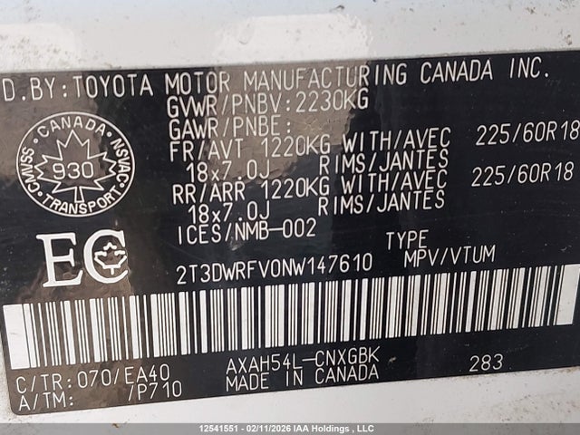 2T3DWRFV0NW147610 Toyota Rav4 Hybrid Limited