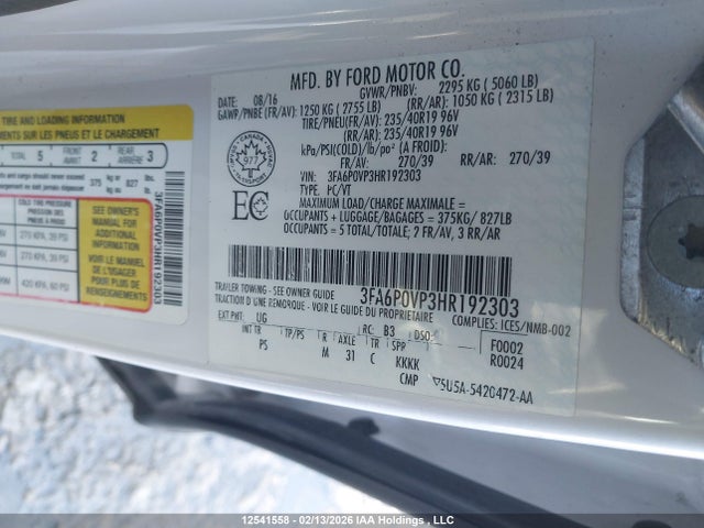 12541558 :رقم المزاد ، 3FA6P0VP3HR192303 vin ، 2017 Ford Fusion Sport مزاد بيع