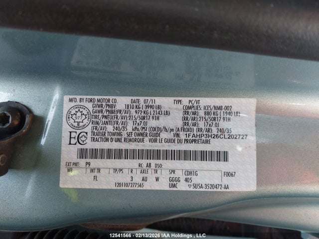 Aukcja sprzedaży 2012 Ford Focus Sel, vin: 1FAHP3H26CL202727, numer aukcji: 12541566
