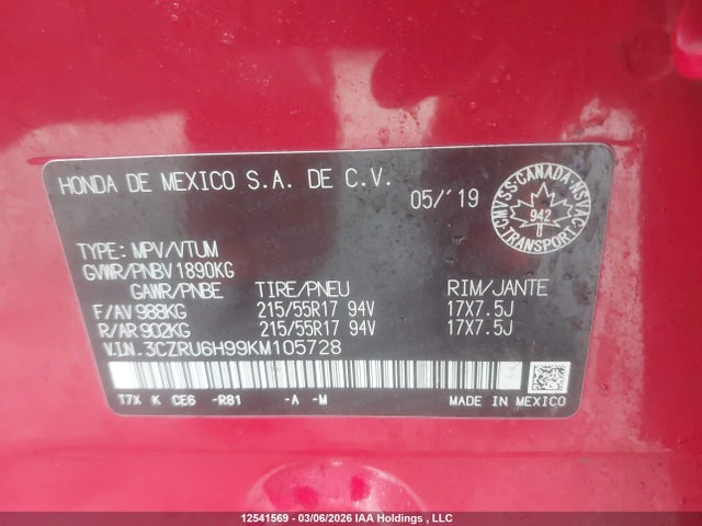 3CZRU6H99KM105728 Honda Hr-v Touring