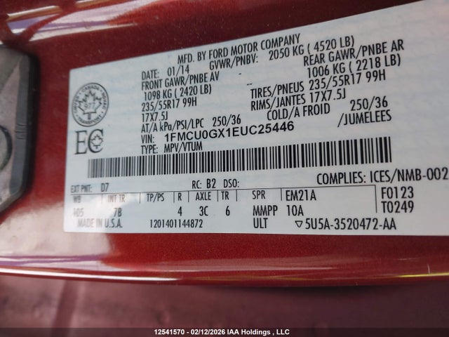 12541570 :رقم المزاد ، 1FMCU0GX1EUC25446 vin ، 2014 Ford Escape Se مزاد بيع