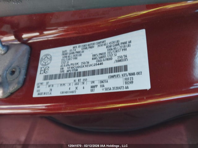 12541570 :رقم المزاد ، 1FMCU0GX1EUC25446 vin ، 2014 Ford Escape Se مزاد بيع