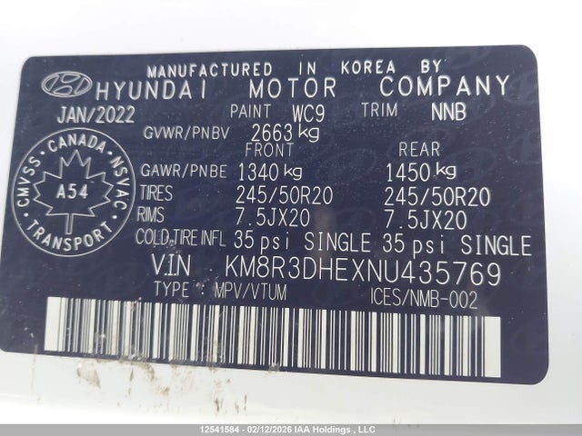 12541584 :رقم المزاد ، KM8R3DHEXNU435769 vin ، 2022 Hyundai Palisade Luxury 7-passenger Seating مزاد بيع