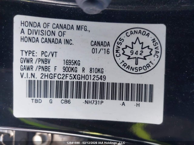 Aukcja sprzedaży 2016 Honda Civic, vin: 2HGFC2F5XGH012549, numer aukcji: 12541598